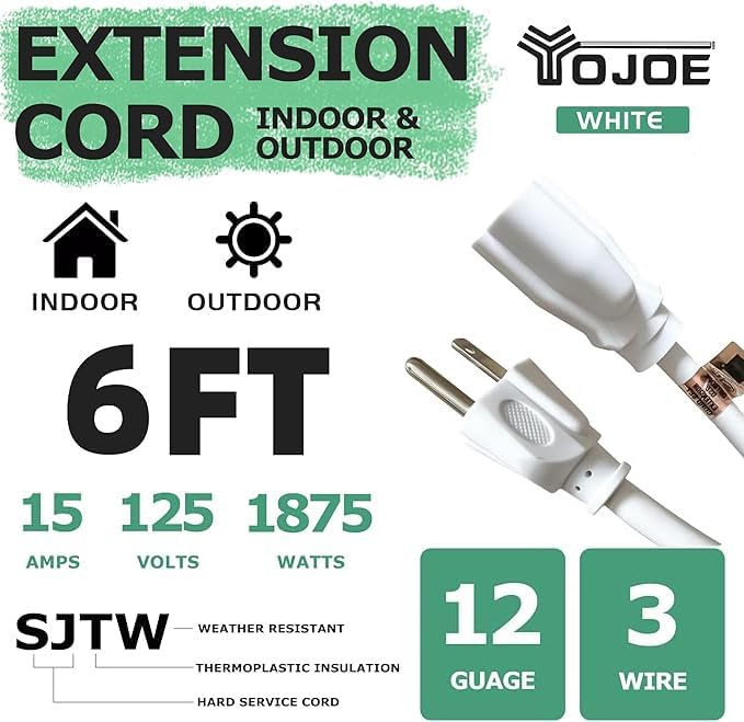 YOJOE Indoor Outdoor Extension Cord, 3 Prong 15A Weatherproof Power Cord, 12 Gauge Heavy Duty 6 ft White Extension Cord for Garage, Garden and Home, 12/3 SJTW UL Listed