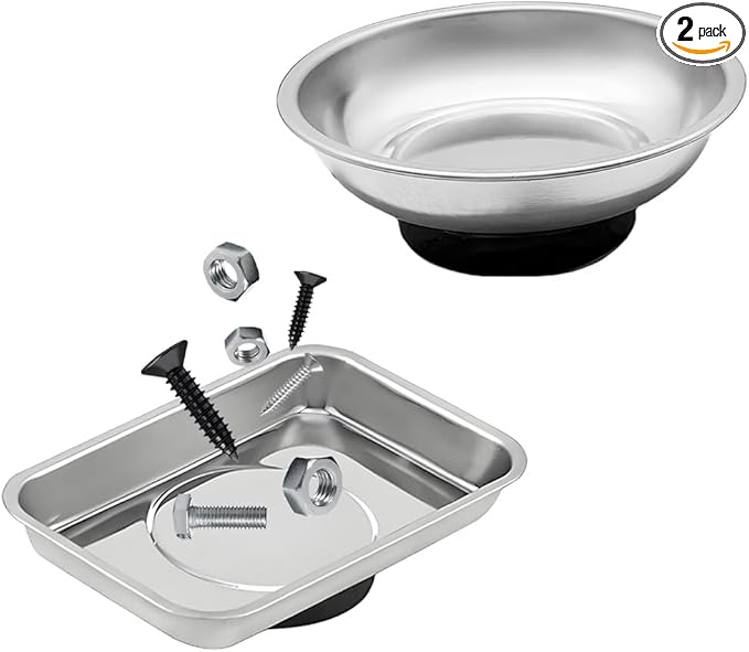 2 PCS Magnetic Parts Tray Set, Stainless Steel 3.6"×2.5" Square and 3" Round Magnetic Trays, Mechanic Tool Tray Holder for Screw, Sockets, Bolts, Nuts, Small Metal Parts