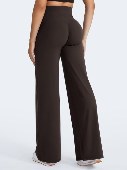 HIGORUN Straight Leggings Bottoms High Waisted No Front Seam Workout Leggings for Women 31" Wide Leg Casual Gym Yoga Pants Dark Brown