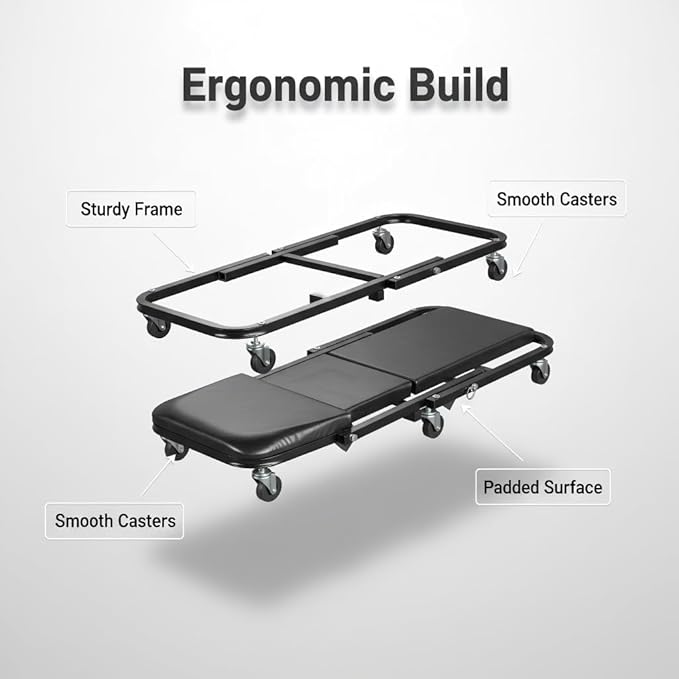 superokay 2-in-1 Folding Creeper Seat, 36-Inch Professional Mechanic Cart with 6 Casters, 300 lbs Capacity Rolling Creeper for Garage & Shop, Foldable Z Creeper Seat with Tool Tray