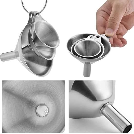 Generic Kitchen Funnels Set for Bottles, 3pc Small/Medium/Large Food Grade Stainless Steel Metal Funnels with 2 Cleaning Brushes for Liquids, Essential Oils, and Spices