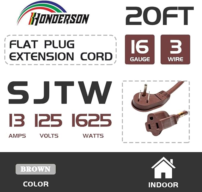 Flat Plug Indoor Extension Cord, UL Certified, 16 Gauge 20FT Brown 3 Prong Heavy Duty, 16/3 SJTW 13A Power Cord for Lights, Appliances, Home