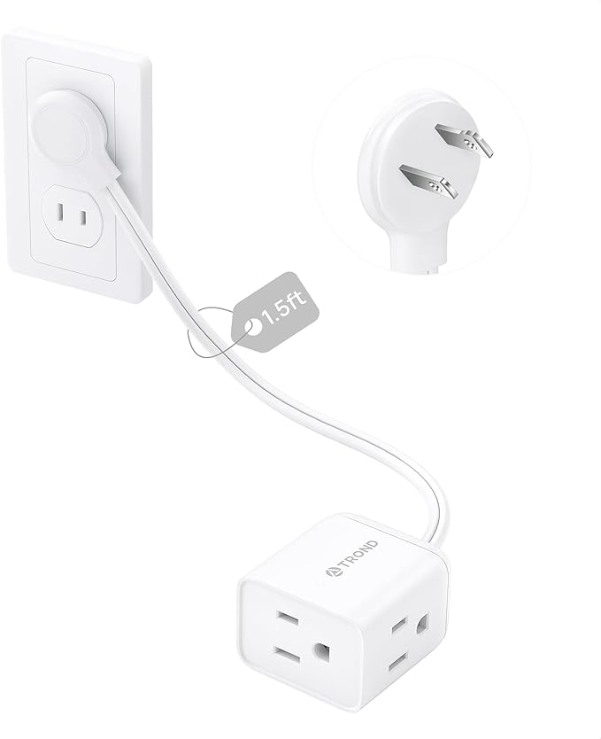 TROND Indoor 2 Prong to 3 Prong Extension Cord - Polarized Flat Plug 3 Outlet Extension 1.5ft, 16 Gauge Cable, 1625W for Non-Ground Socket in Old House School Home Office Kitchen Travel, White