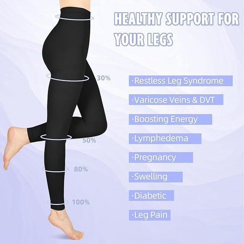20-30mmHg Compression Leggings for Women & Men, Medical Graduated Compression Pantyhose, Waist High Compression Stockings for Varicose Veins Edema Flight(Black, Large)