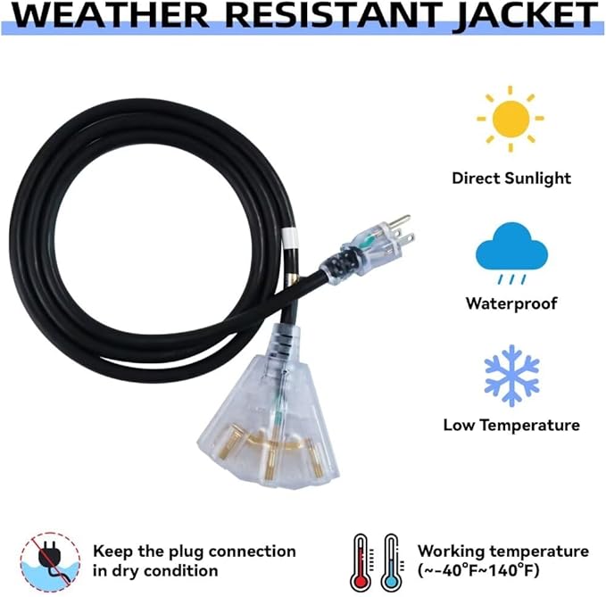 10 Ft Lighted Outdoor Extension Cord with 3 Electrical Power Outlets - 12/3 SJTW Heavy Duty Black Extension Cable with 3 Prong Grounded Plug for Safety, UL Listed
