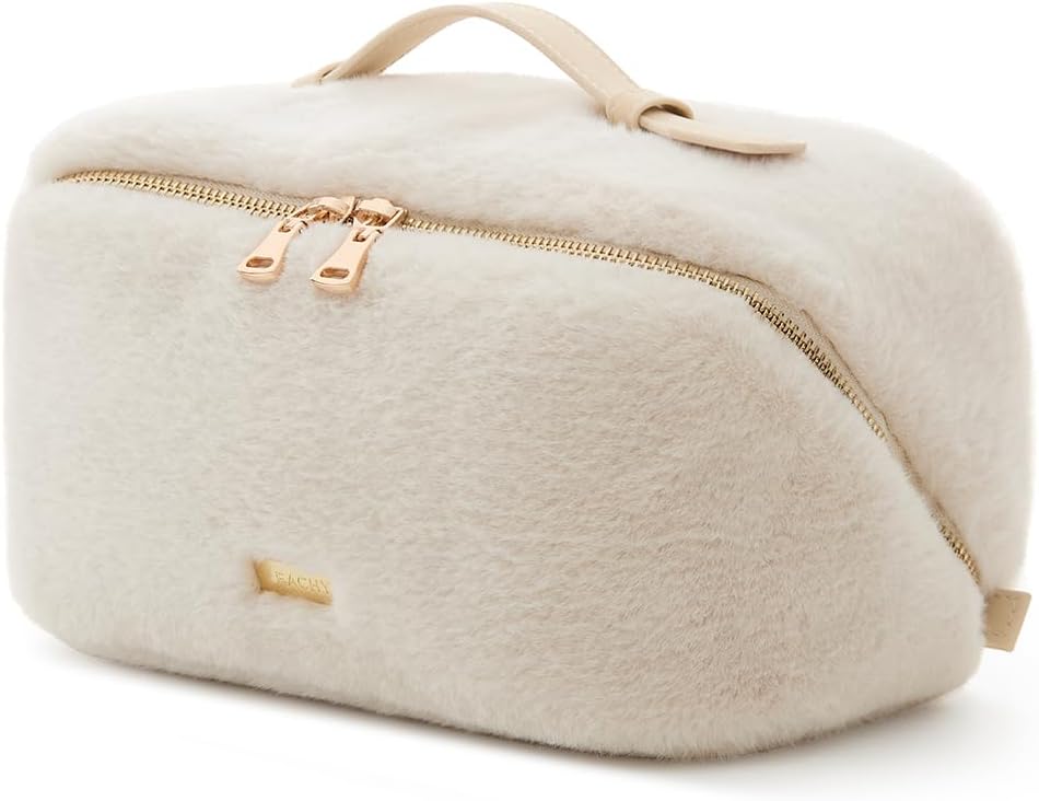 EACHY Travel Makeup Bag for Women, Faux Fur Cosmetic Bag, Beige, Medium
