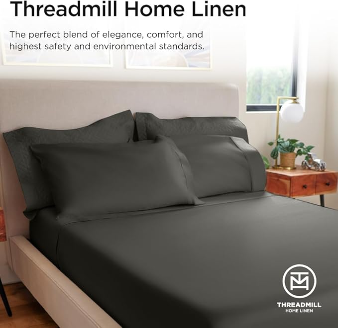 Threadmill Luxury 800 Thread Count 100% Cotton Sheets - Sateen Weave Twin XL Bed-Sheets, Better Than Egyptian Cotton,3 Pc Solid Soft Bedding Set (Dark Grey), Fits 15" Deep Pocket