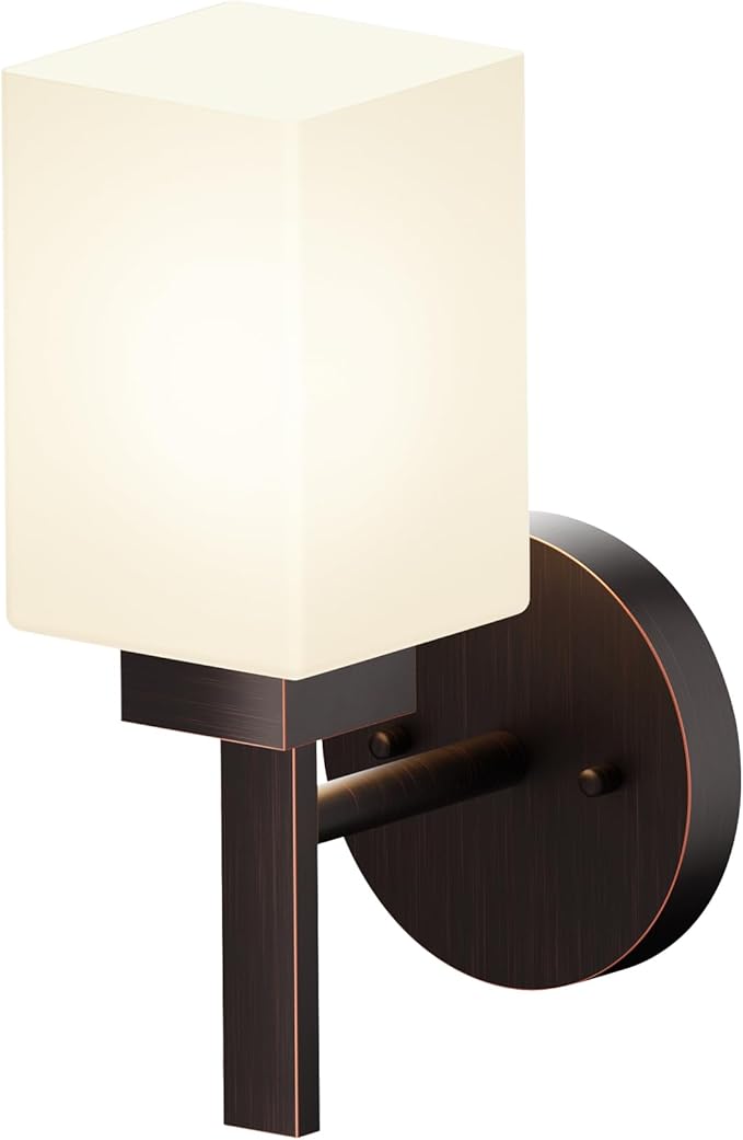 Wall Light Over Mirror Bathroom Vanity Lighting Fixtures with White Frosted Glass, Wall Sconce for Porch Hallway Entrance, Oil Rubbed Bronze T002ORB-L1