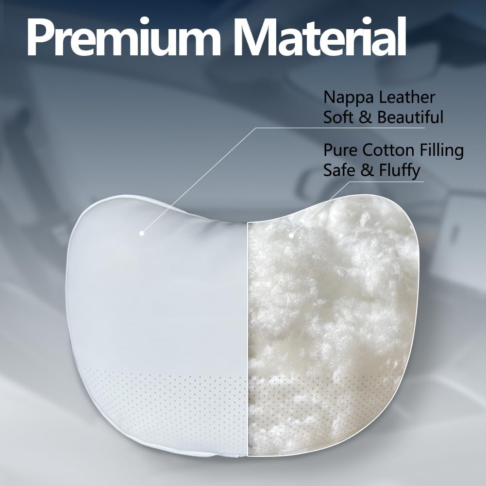 TESBEAUTY Nappa Leather Car Headrest Neck Pillow for Tesla Model X/S/Y/3 – Genuine Nappa Leather, Visible Strap, White (2-Pack)