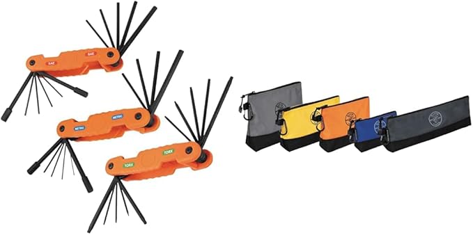 Klein Tools 70553 31-Piece Pro Folding Hex Key Set with 5-Pack Stand-Up Zipper Tool Pouch Bag Set