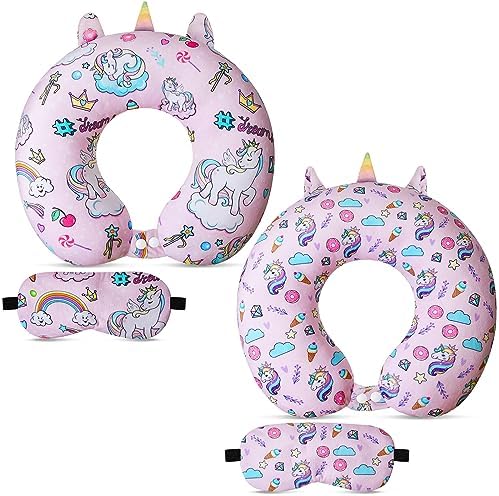 Thyle 2 Set Unicorn Neck Travel Pillow for Kids and Eye Mask Lightweight Travelling Sleeping Pillow Set for Airplane, Car, Train, Bus and Home Use Support Blindfolds