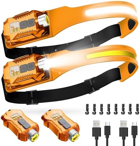 Victoper Rechargeable Headlamp 2Pack, Detachable 230° Wide Beam LED 2in1 Head Lamp with Motion Sensor, Hard Hat Head Light for Adults, 9 Modes Flashlight for Running Hunting Camping Essentials Gear