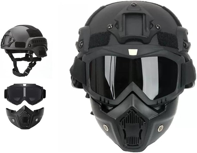 Yuxcnhaw Airsoft Helmet + Full Face Mask with NVG Fixtures and Side Rails, Medium, Black, Unisex Adults, Outdoor Activities, Tactical Streamlined