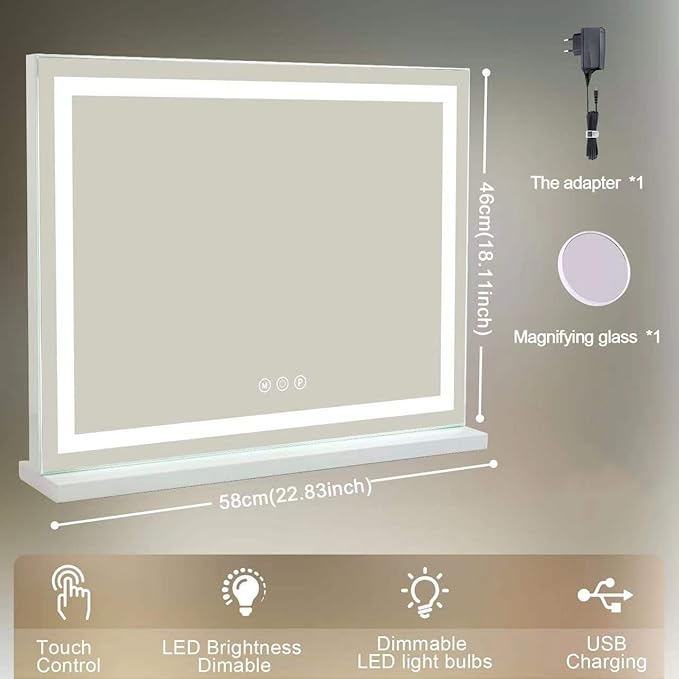 Sucedey Vanity Mirror with Lights, 23" x 19" Large Makeup Mirror with 3 Color Modes & Adjustable Brightness, Detachable 10x Zoom Mirror,Smart Touch Control,Plug in(Tabletop & Wall-Mounted)