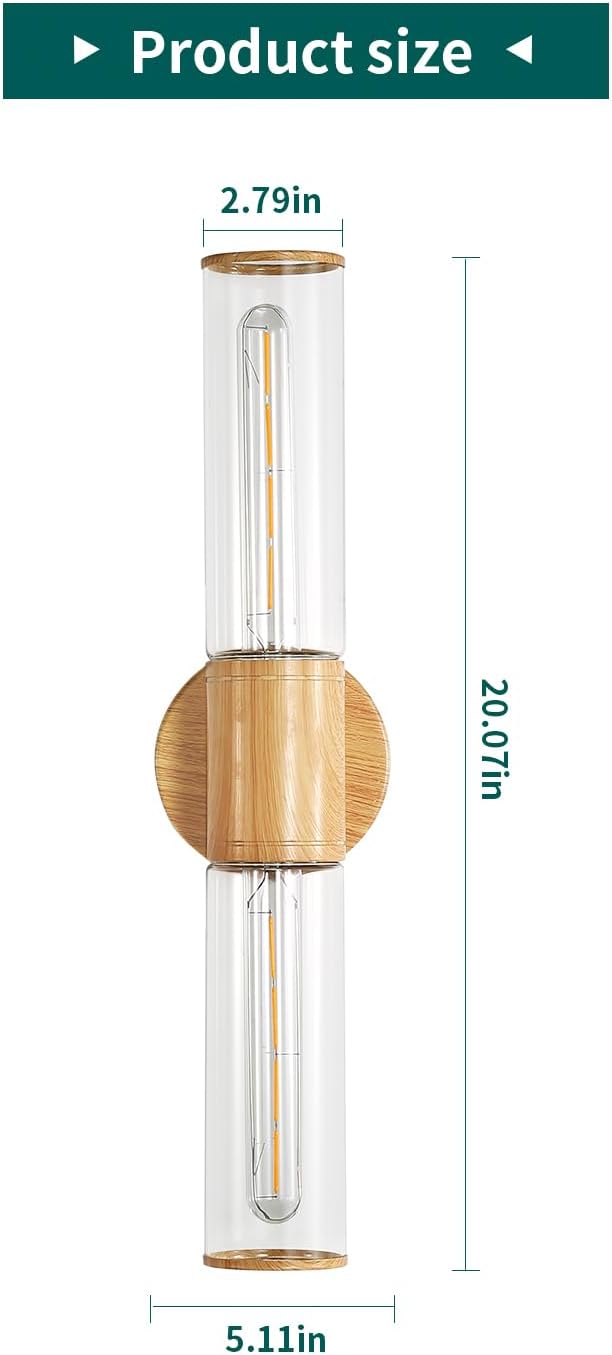 Bathroom Vanity Lighting Fixture, 2-Light Wood Grain Wall Sconce Light Fixture with Clear Glass, E26 Socket Indoor Wall Lamp, Modern Wall Sconce for Mirror Living Room