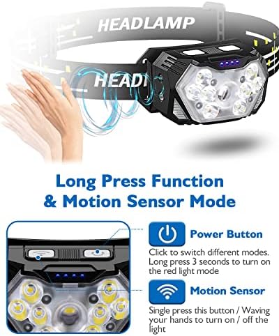2000LM Ultra Bright 9 LED Headlamp, 2 Pack USB C Rechargeable Headlights, 10 Modes, Motion Sensor, Waterproof Head Lamp Flashlight with Red Light, Adjustable Headband for Adults Camping