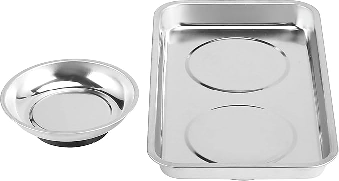 JOIKIT 8 Pieces Magnetic Parts Tray Set, Stainless Steel Magnetic Tool Tray Holder, 4.2 Inches Round Bolt Trays and 9.5 x 5.5 Inches Square Mechanic Trays for Screws, Bolts, Nuts