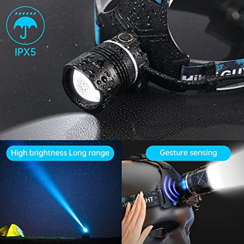 LED Rechargeable Headlamp, Headlight 1500 Lumens Super Bright with 6 Modes & IPX5 Warning Light, Motion Sensor Adjustable Headband Head Lamp, 60° Adjustable for Adult Outdoor Camping Running Cycling