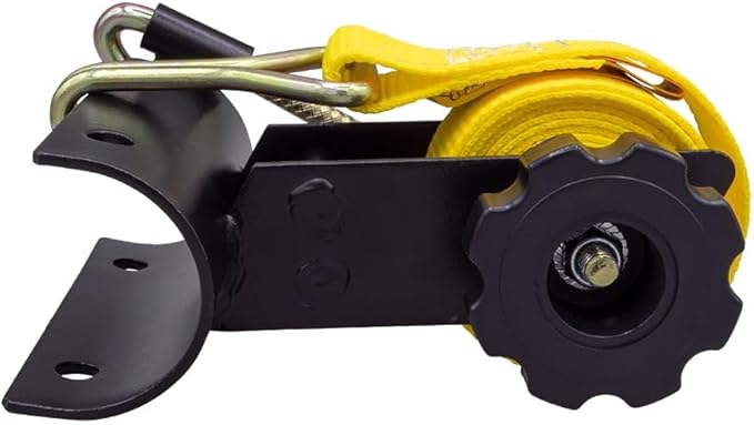 Mytee Products 2 Pack 1-1/2"x7' Yellow Ladder Rack Ratchet Straps with J-Hook (Pair) - 500 lbs 2" Black Round Tube Mount - Retractable Ratchet Tie Down Strap for Roof Rack