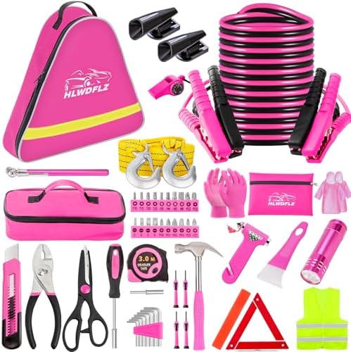 Car Roadside Emergency Kit - Pink Roadside Assistance Emergency Kit with Jumper Cables, Auto Tool Set, Deer Whistles, Winter Car Safety Roadside Assist Kit for Teen Girl and Ladies