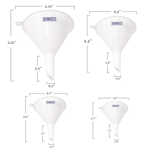 4pc Funnel Nesting Set in BPA Free Plastic for Kitchen Cooking, Car Oil, Home, or Lab Use (White)