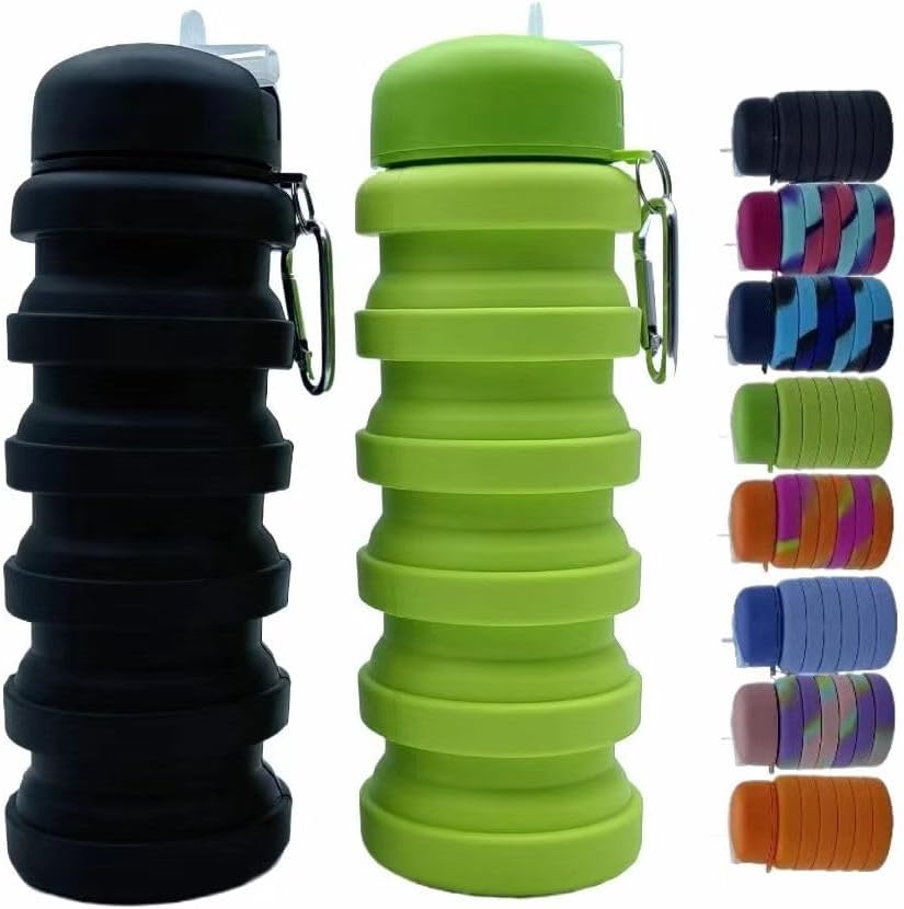 Skiennix Collapsible Water Bottles - 16oz Portable Silicone for Travel | Black & Green 2-Pack