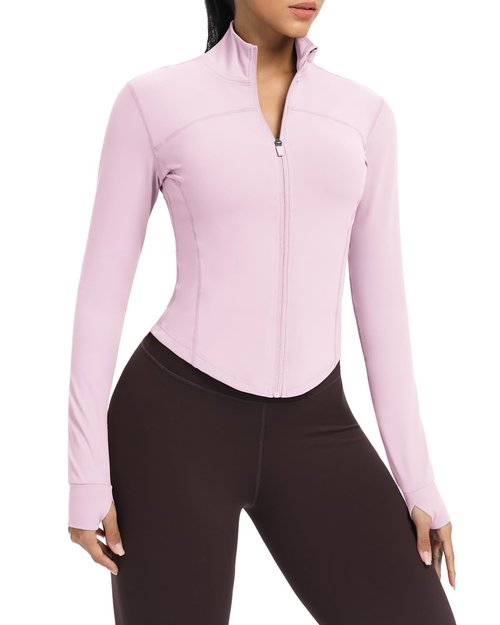 AVGO Women's Cropped Running Workout Jackets Zip Slim Fit Athletic Tops with Thumb Holes(Pink Lady, M)