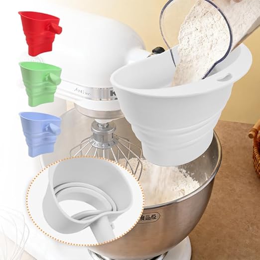 Flour Funnel for Kitchen Aid&Cream Scraper Set, Silicone Food-Grade | Stand Mixer | Leak-Proof Large Capacity Collapsible Design (Blue, Ordinary * 1 + Cream Scraper Set)