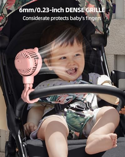 buywoo Portable Stroller Mini Fan, Small Rechargeable Personal Cooler w/ 360° Rotation, Baby Essentials for Car Seat, Crib, Bike, Treadmill, 3-Speed Battery Powered Stroller Accessories, Pink