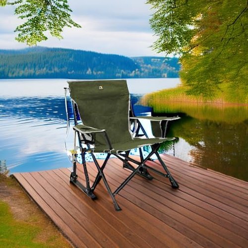 GCI Outdoor Kickback Rocker Camping Chair - Portable Folding Rocking Chair with Drink Holder & Durable Armrests - Loden Green