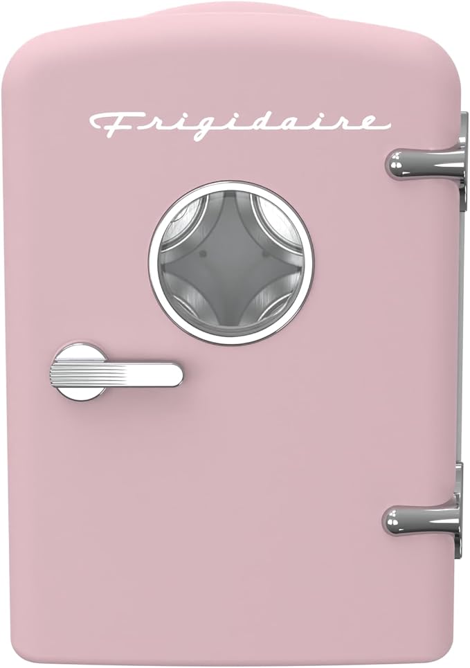 Frigidaire EFMIS171 Retro Mini Portable Personal Fridge - Ideal for Home, Office or Dorm - Includes Carrying Handle, AC/DC Wall/Car Charger (Pink)