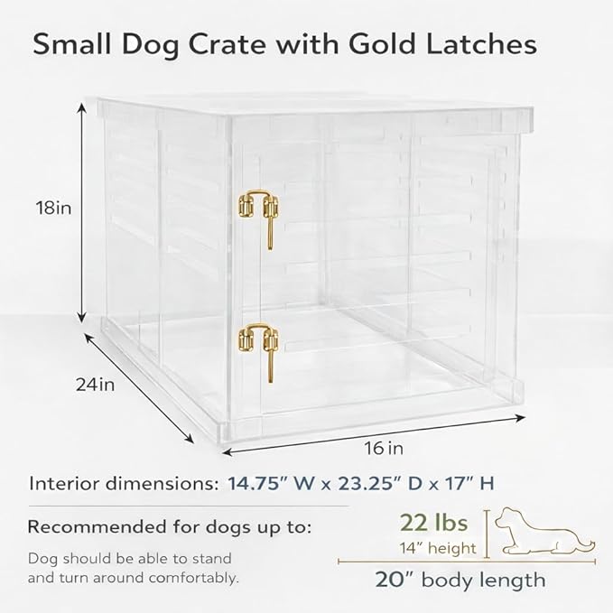 Clear Acrylic Small Dog Crate Furniture with Charcoal Cushion for Small Dogs up to 22 lbs, 3 in 1 Pet Crate and Gate, Modern Furniture Style Indoor Kennel, Dual Gold Latch, 16 x 24 x 18 in