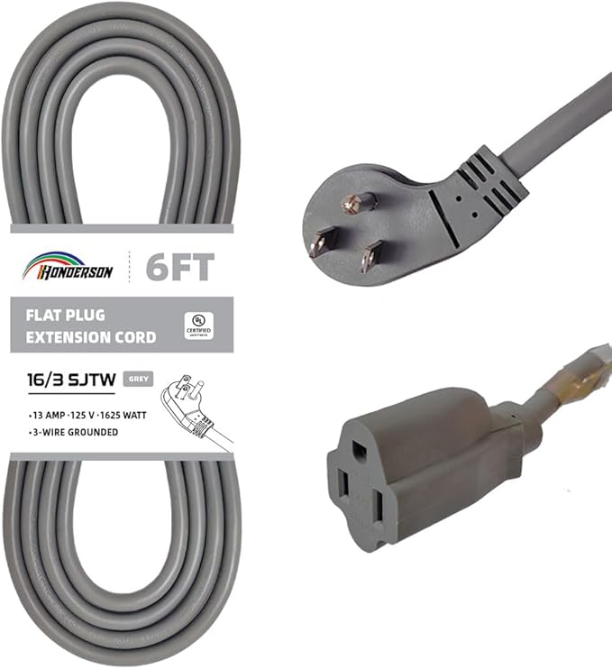 Flat Plug Indoor Extension Cord, UL Certified, 16 Gauge 6FT Grey 3 Prong Heavy Duty, 16/3 SJTW 13A Power Cord for Lights, Appliances, Home