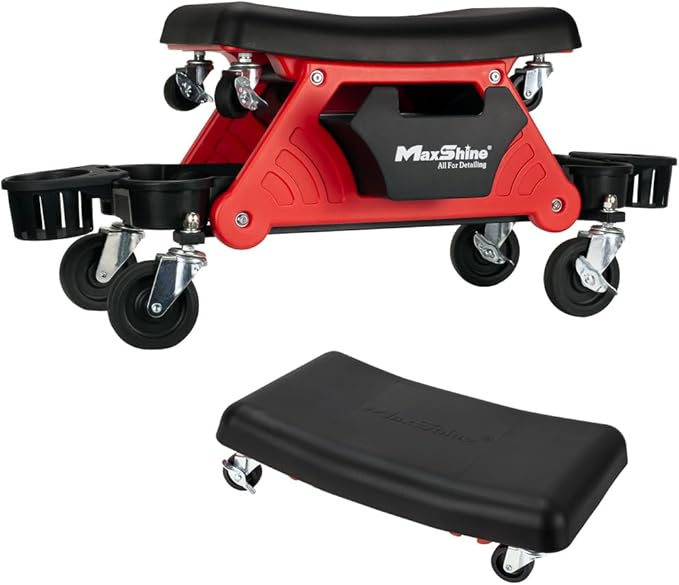 Maxshine 2-in-1 Modular Detailing Creeper Seat with Cushion – Rolling Creeper with Removable Cushion & Tool Tray – Heavy-Duty Polyethylene & Steel Frame, 4” Wheels