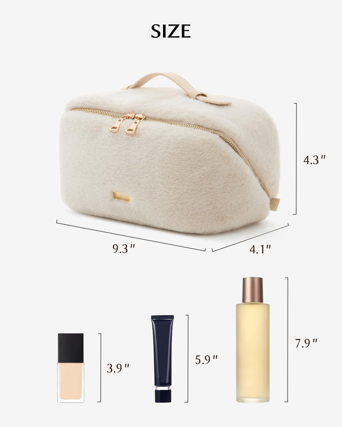 EACHY Travel Makeup Bag for Women, Faux Fur Cosmetic Bag, Beige, Medium