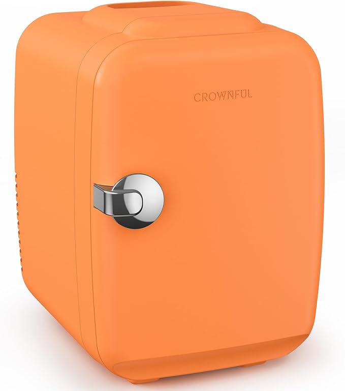CROWNFUL Mini Fridge, 4 Liter/6 Can Portable Cooler and Warmer Personal Refrigerator for Skin Care, Cosmetics, Beverage, Food,Great for Bedroom, Office, Car, Dorm(Orange)