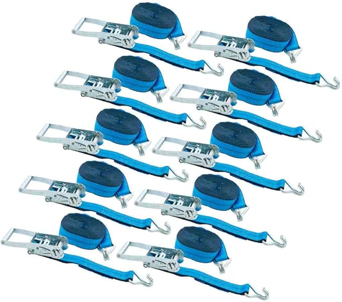 Mytee Products 10 Pack 2 inch x30 ft Heavy Duty Ratchet Straps with Double J Hooks - 10,000 Lbs Breaking Strength Blue Tie Down Straps w/Wire Hooks for Industrial Use, Trailers, Truck Cargo
