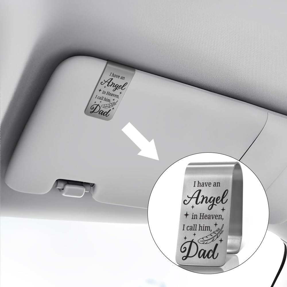 XQLZY I Have an Angel in Heaven I Call Him Dad Engraved Stainless Steel Car Visor Clip, in Loving Guardian Angel Safe Driving Gifts for Family Friend Driver, Sympathy Memorial Gifts for Who Lost Dad