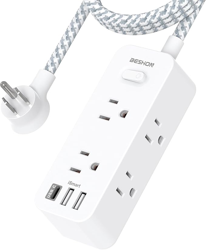 Extension Cord 25FT, BESHON Power Strip Surge Protector, 6 Outlets with 3 USB Ports(1 USB C Outlet), 3-Side Outlet Extender, Wall Mount, Compact for Travel, Home, College Dorm Room, and Office