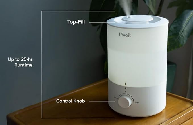 LEVOIT - Humidifiers for Bedroom - Quiet (3L Water Tank) - Cool Mist/Top Fill/Essential Oil Diffuser/25Watt - Home/Large Room - 360° Nozzle - Rapid Ultrasonic Humidification for Baby Nursery/Plant