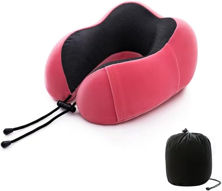 Travel Neck Pillow, Soft Memory Foam Neck Support Pillow for Airplane Car Train Office, Ergonomic Cervical Pillow with Washable Cover, Portable Travel Pillow for Neck Pain Relief Red