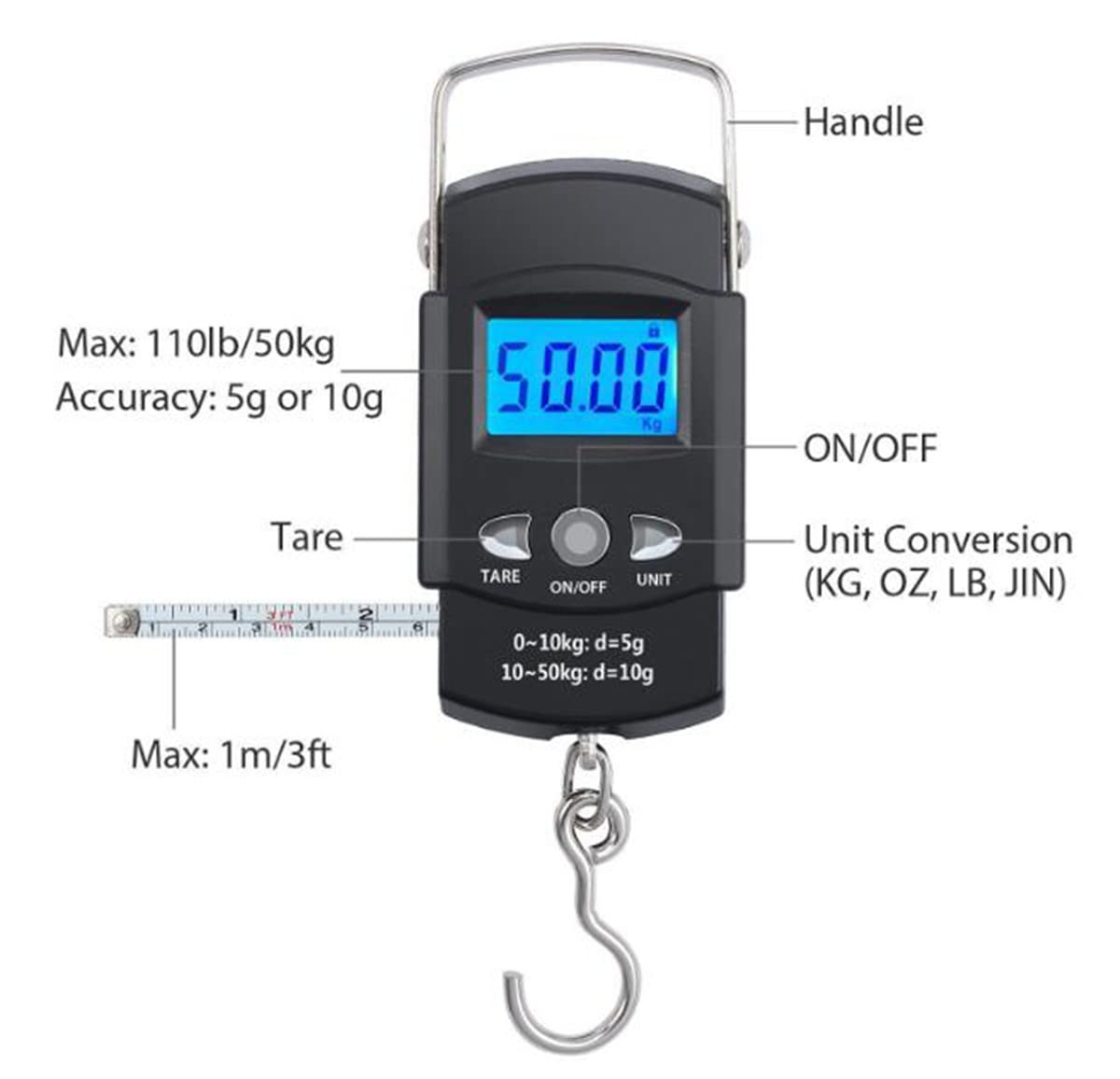 TXY Portable LCD Fish Scale - 50kg/110lb Capacity with 1m Ruler Tape for Accurate Weighing