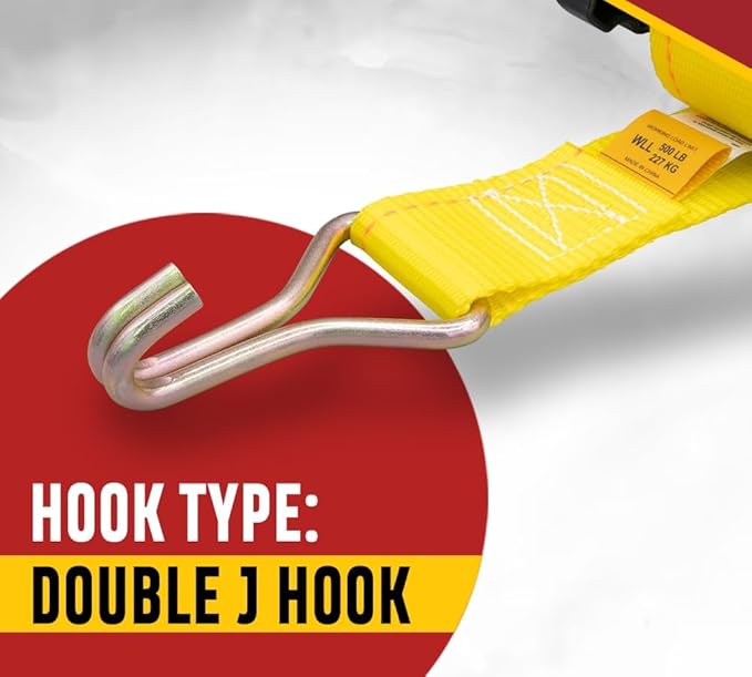 Mytee Products 2 Pack 1-1/2"x7' Yellow Ladder Rack Ratchet Straps with J-Hook (Pair) - 500 lbs Square Tube Mount - Retractable Ratchet Tie Down Strap for Roof Rack