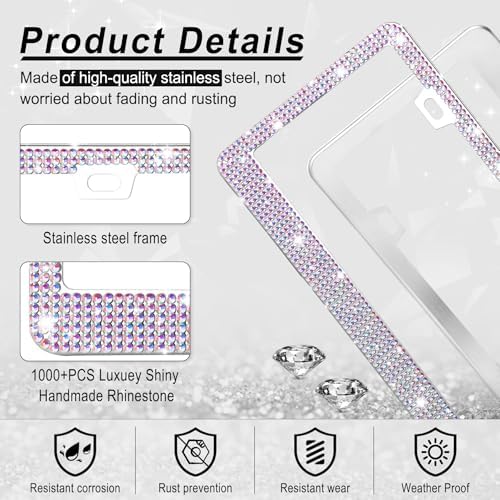 GaRhomxy Bling License Plate Frames for Women, 2 Pack Handcrafted Sparkly Rhinestone Car Accessories, Premium Stainless Steel Frame with 1000+ Faceted Glass Crystals & Free Glitter Caps (Colorful)