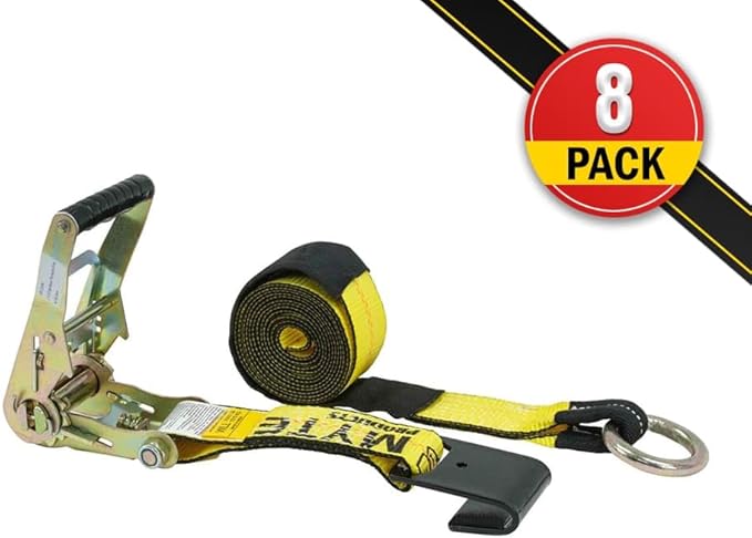 Mytee Products 8 Pack 2" x 168" Car Tie Down Straps for Trailer with Flat Hook - 3333 LB WLL Lasso Style Tire Straps for Car Trailer with Ratchets - Vehicle Tie Down Wheel Straps for Hauling Cars