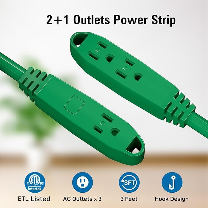 K KASONIC - 12-Feet 3 Outlet Extension Cord, UL Listed, 16/3 SJTW 3-Wire Grounded, 13 Amp 125 V 1625 Watts, Multi-Outlet Indoor/Outdoor Use, Green
