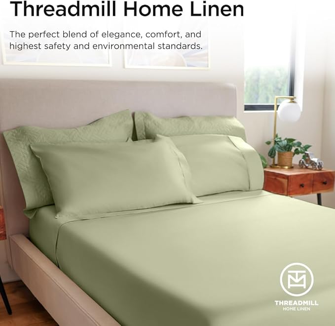 Threadmill 800 Thread Count 100% Cotton Sheets - Luxury Sateen Weave Sage Green Twin XL Bed-Sheets, Better Than Egyptian Cotton,3 Pc Solid Bedding Set, Fits 15" Deep Pocket