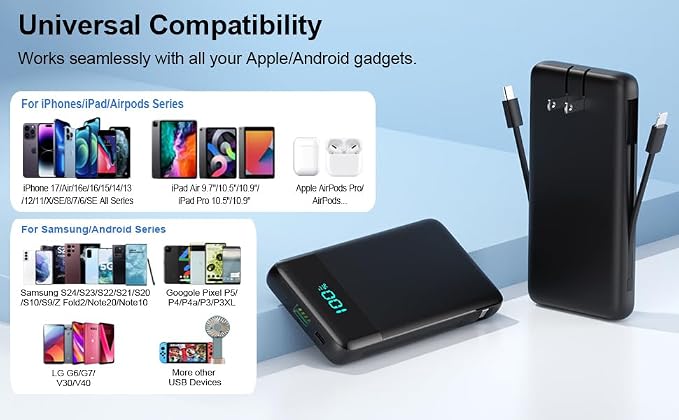 Portable Charger for iPhone,13800mAh Slim Power Bank with Built-in Cables & AC Wall Plug,All in One 4 Outputs USB C Fast Charging Battery Pack Powerbank for iPhone 17/16/15/14,Android,Travel Essential