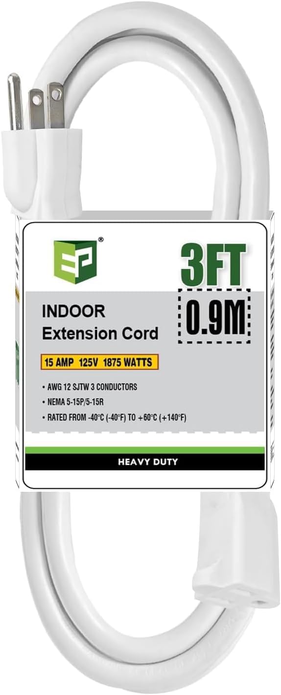 EP 12/3 3 FT Indoor Outdoor White Extension Cord Waterproof, 12 Gauge 3 Prong Power Cord Flexible Resistant Appliance Extension Cable Electric Cable Outside, 15A 1875W 12AWG SJTW, ETL Listed