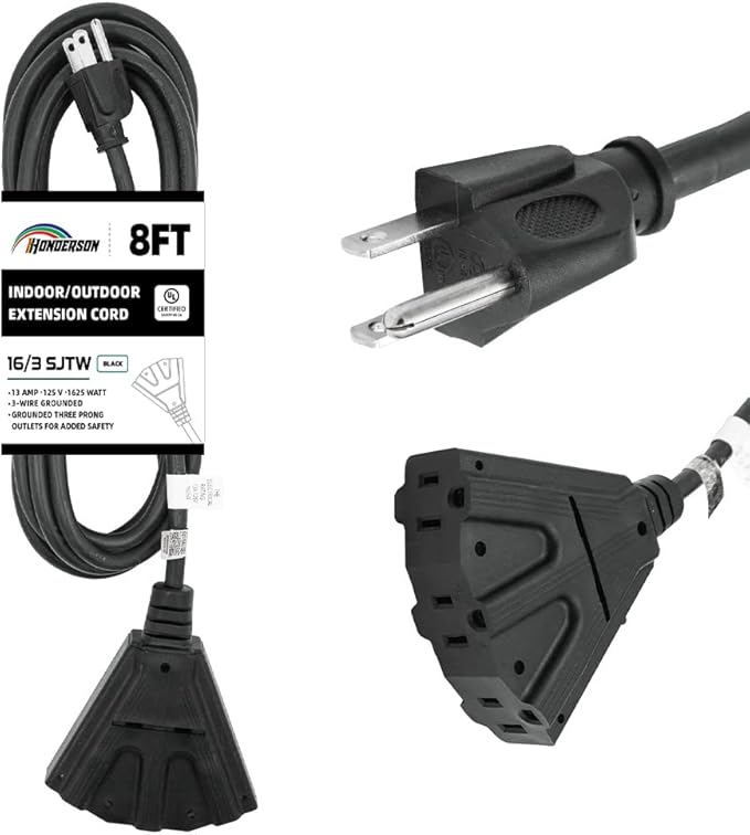 3-Outlets Indoor Outdoor Extension Cord Weatherproof, UL Certified, 16 Gauge 8FT Black 3 Prong Heavy Duty, 16/3 SJTW 13A Power Cord